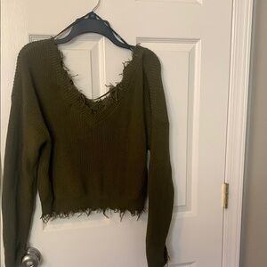 Forever 21 Green V-Neck Cropped Sweater